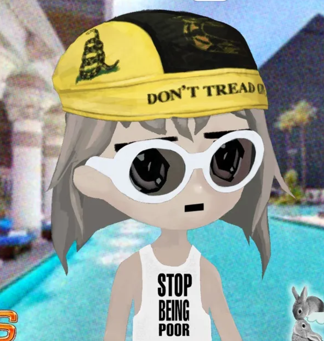 Cartoon Alon avatar wearing white oval glasses beside a pool